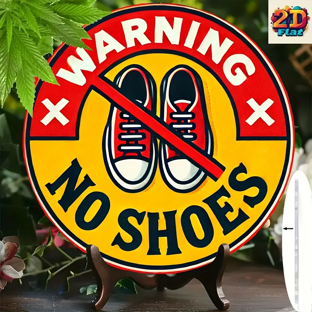 Vintage No Shoes Allowed Sign - 8x8 Inch Heavy-Duty Iron Metal Round Wall Decor with Pre-Drilled Holes for Entryway, Garage, Far