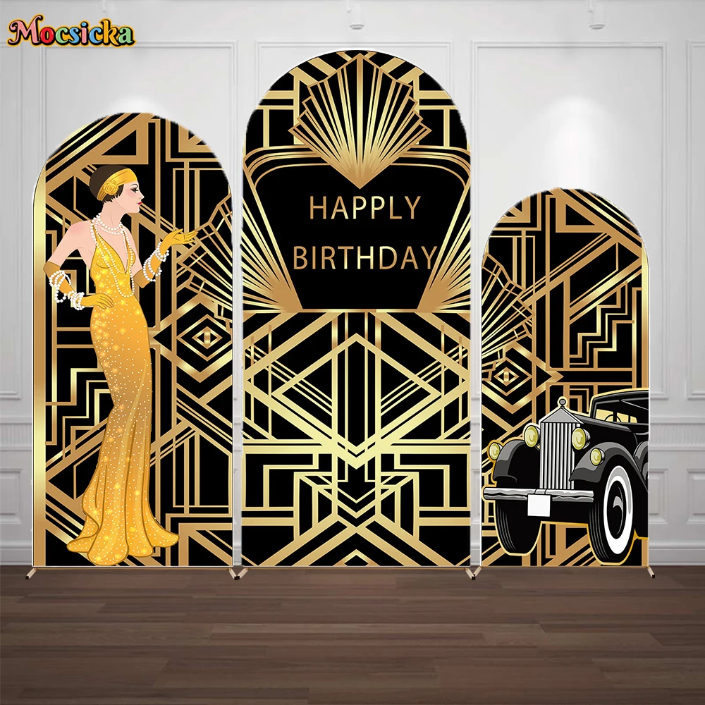 

The Great Gatsby Gold Arch Backdrop Adult Woman Girl Happy Birthday Party Background Retro Car Decor 2-Sided Custom Photo Booths