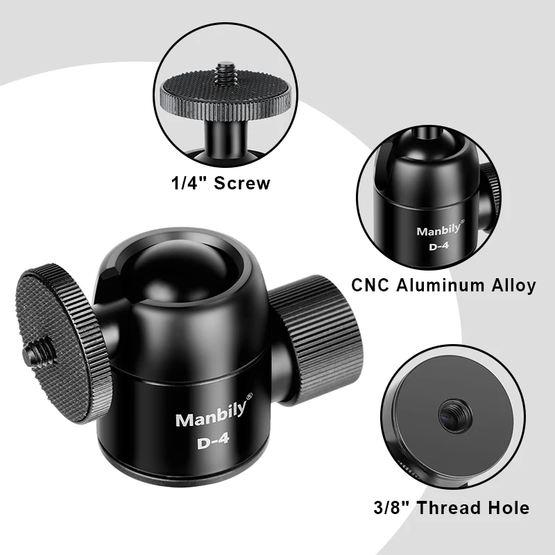 Manbily 28mm Cabeça esférica para câmera de alumínio 360 graus Max. 5kg/11 libras com ranhura em U com adaptador de parafuso de tripé para bastão de selfie