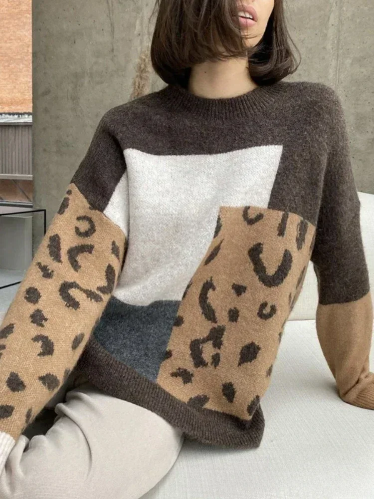 

Autumn Winter Sweater Woman Leopard Print O-Neck Casual Oversized Female Sweaters Knit Soft Thick Jumper Women's Pullovers