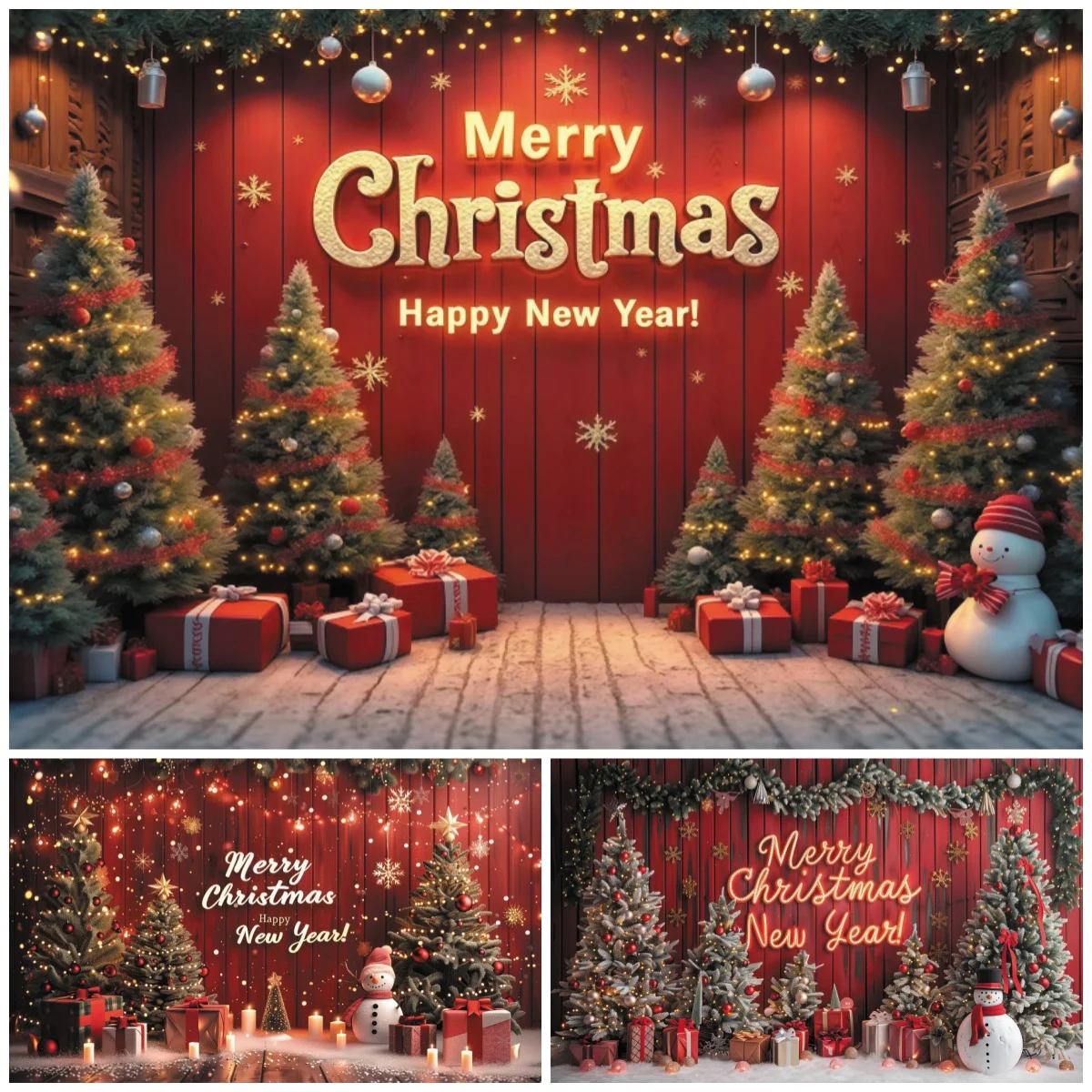 Christmas New Year Photography Backdrops Xmas Trees Gifts Snowman Festive Kid Family Portrait Decoration Background Studio Props