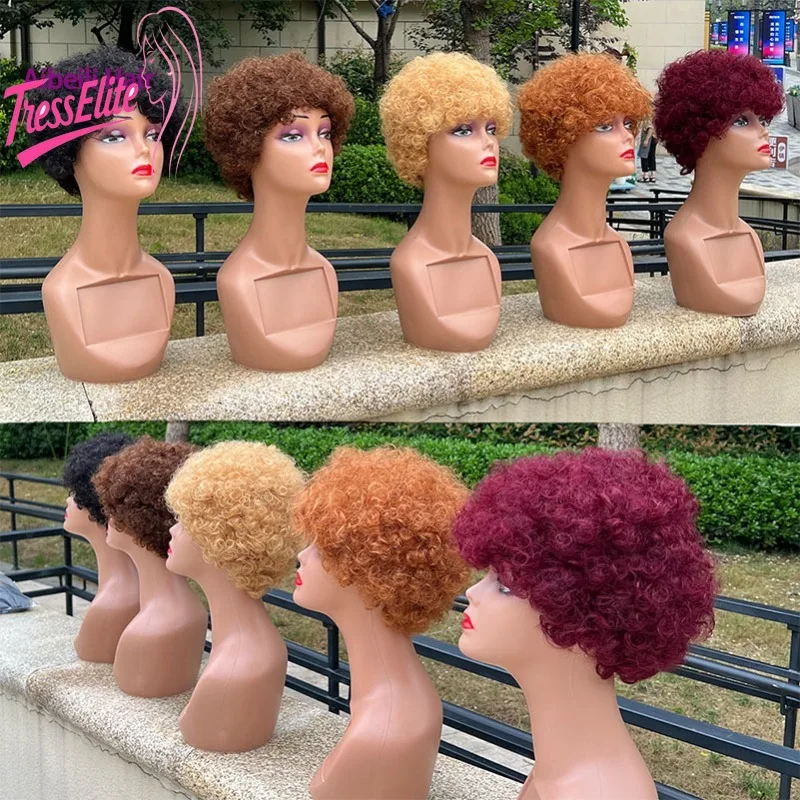 

High Quality Explosion Head Pixie Cut#1B#27#30#4#99J Human Hair Wigs6inch Brazilian Virgin Remy 180% Density Multi color choose