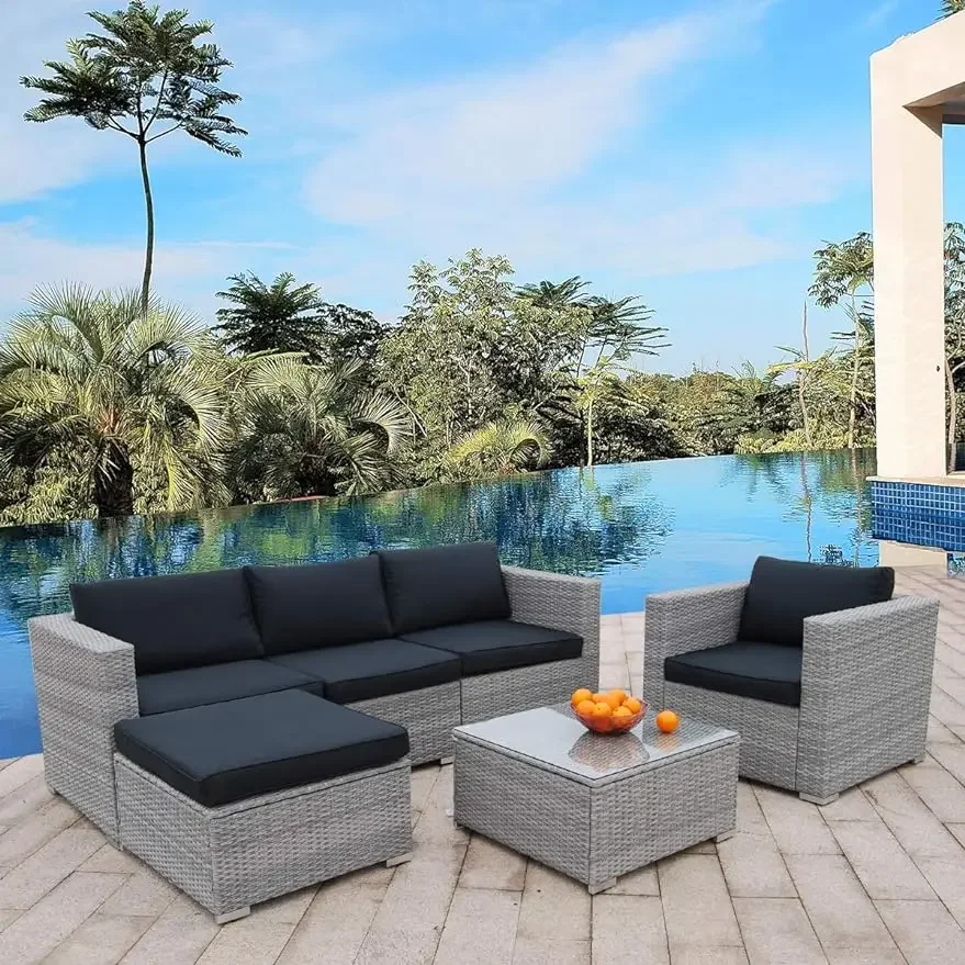 6pcs Patio Furniture Set PE Rattan Wicker Sectional Outdoor Sofa, Washable Seat Cushions & Modern Glass Coffee Table