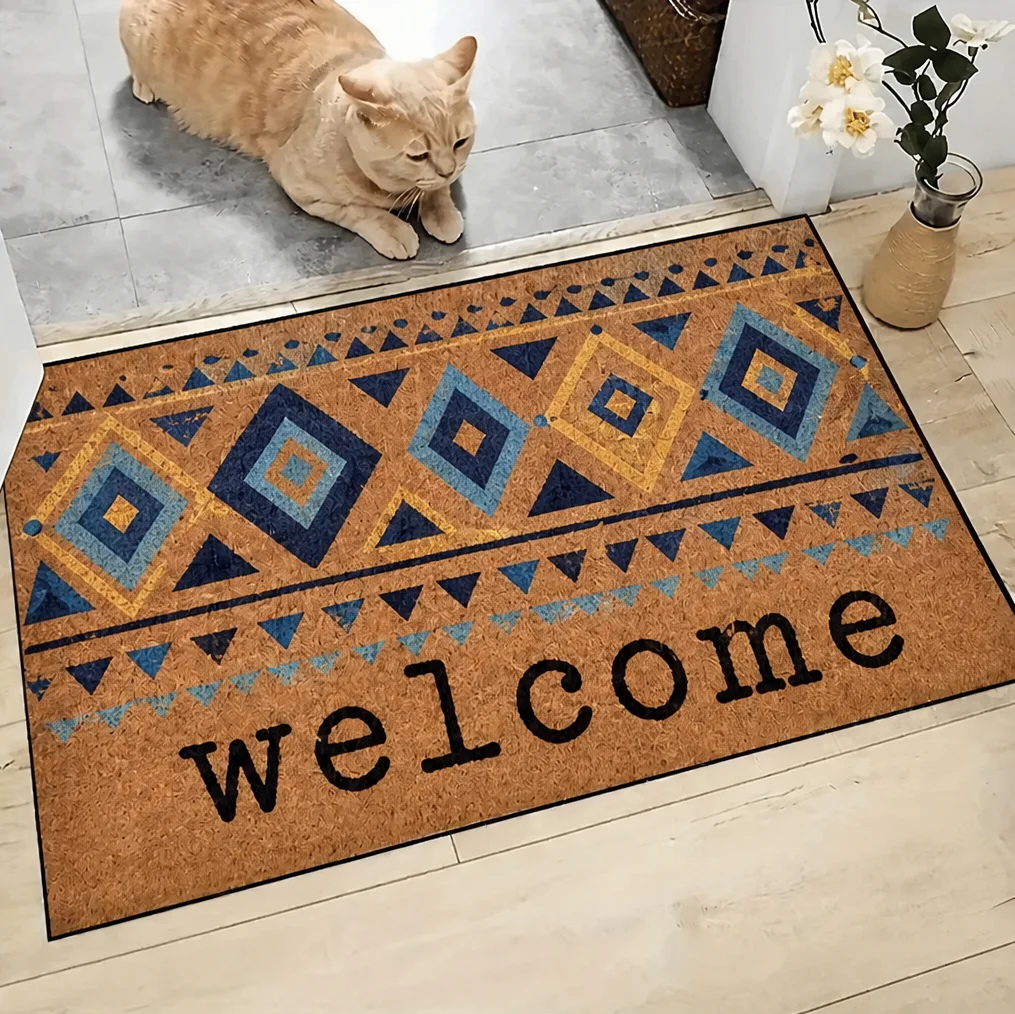 Boho Geometric Welcome Doormat Front Door Mat Tribal Diamond Triangle Print Entryway Porch Floor Rug Home Decor