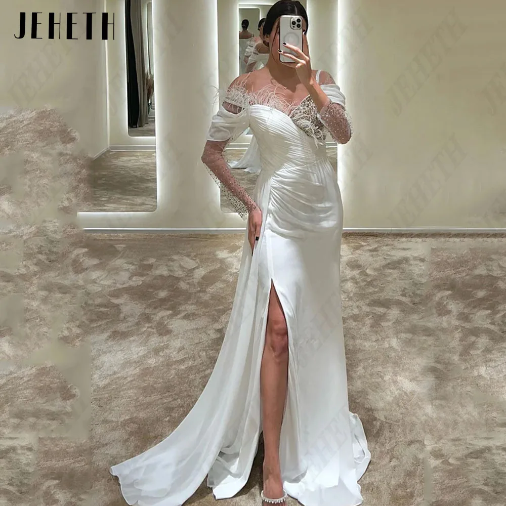 JEHETH Luxe Prom Jurken Saoedi-Arabië Chiffon V-hals Lange Mouwen Zeemeermin Side Split Veeren JEHETH Luxe Prom Jurken Saudi-Arabië Chiffon V-hals Lange Mouwen Zeemeermin Side Split Feathers Avondjurk vestidos de noche