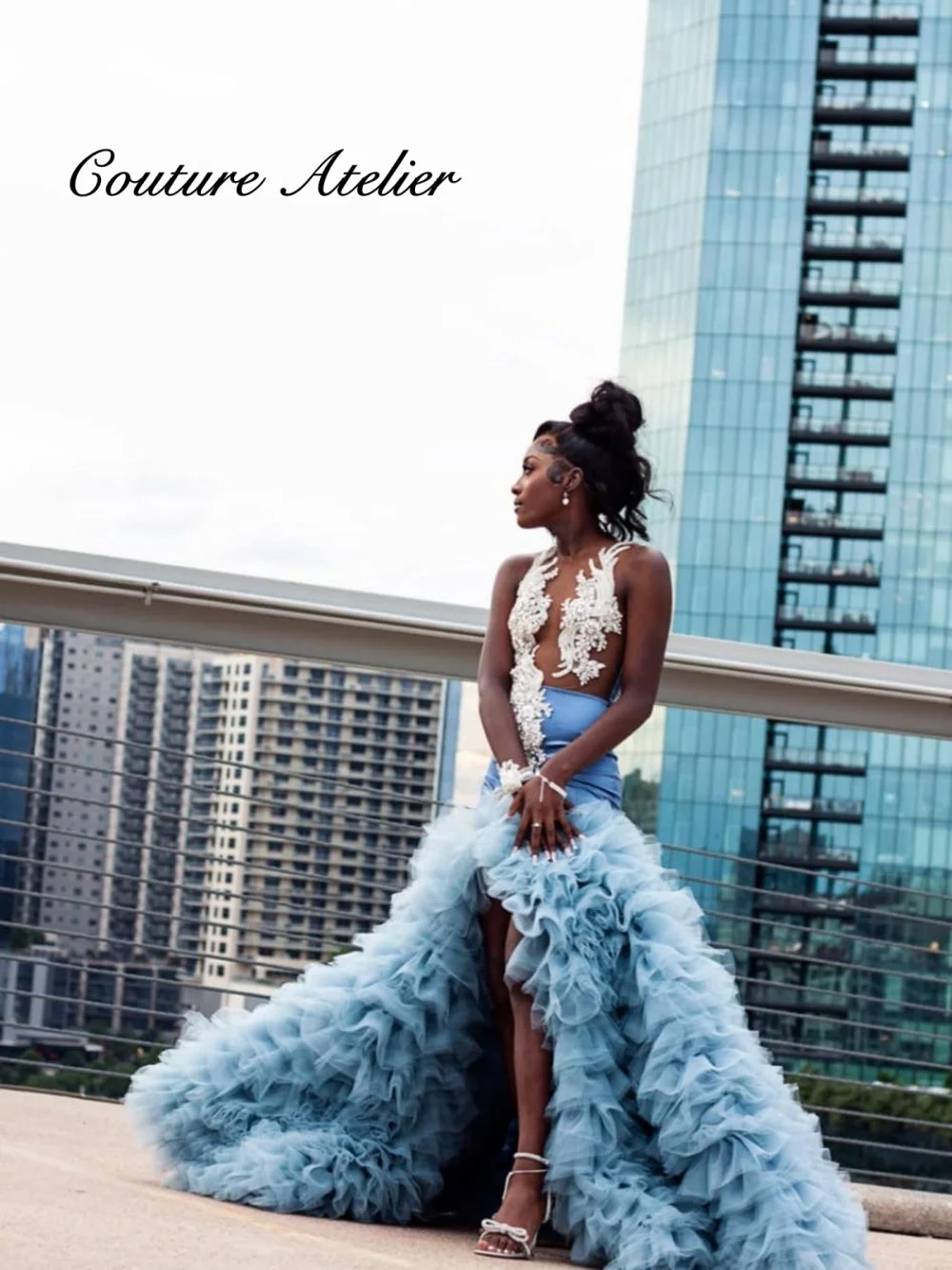 

Haze Blue Tulle Ruched Train Long Prom Dresses For Black Girls 2026 Luxury Crystal Beaded Africa Birthday Queen Gown Customized