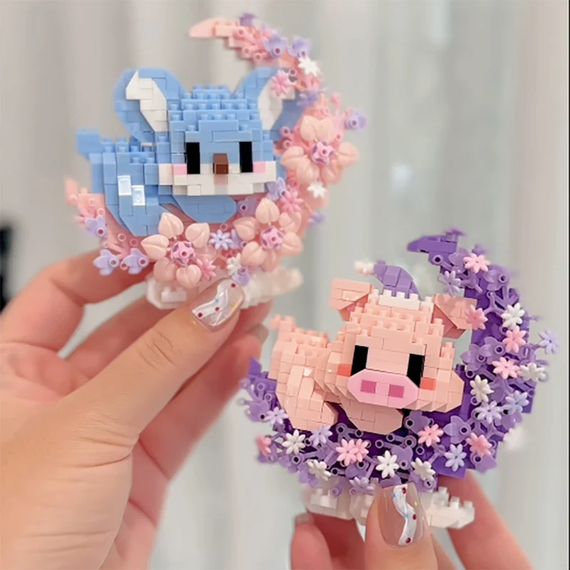 Cute Mini Flower Moon Animal Building Blocks Panda Cat Dog Fox 3D Model Cartoon Assembly Micro Brick Toys For Christmas Gift