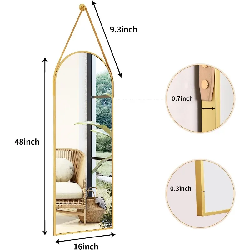 Espejo de longitud completa con arco dorado de 16 "x 48" con cordón de cuero colgante, marco de aluminio moderno, espejo colgante de cuerpo completo