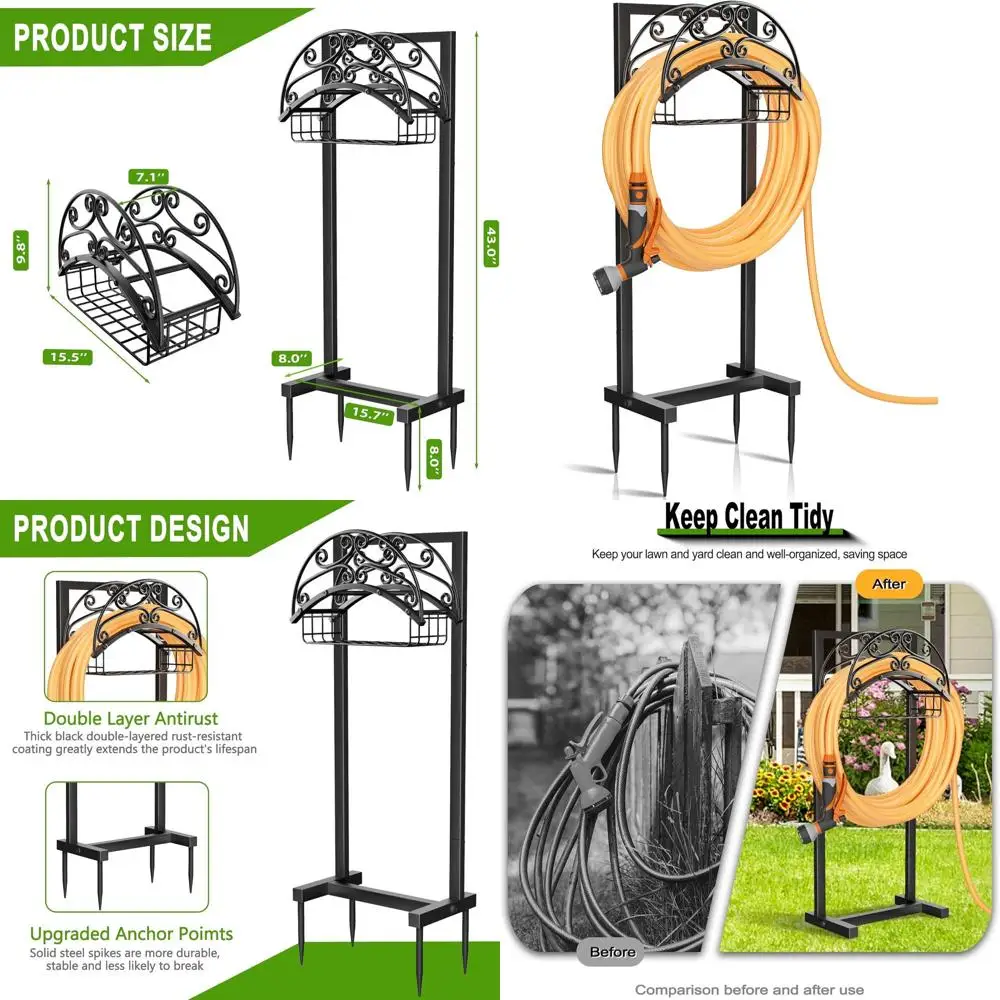 

Garden Hose Holder - Upgraded Water Hose Holder Stand with Storage Basket Holds 151t, Heavy Duty reestanding Garden Hose Hanger
