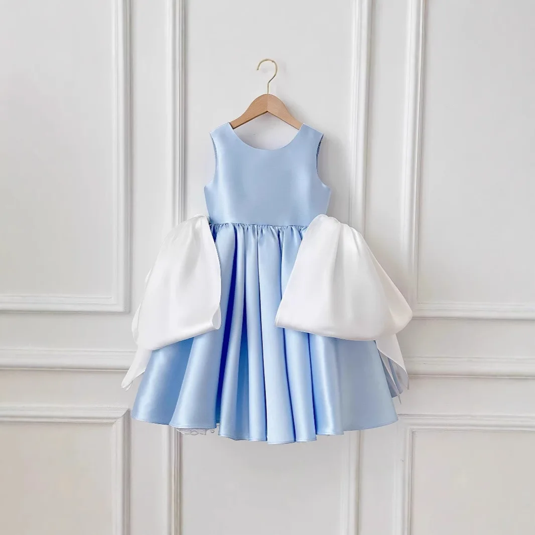 

Custom Flower Girl Dress Wedding Gown Birthday Party Dress Sleeveless Big Bow Satin A Line Princess Dress For Little Girls