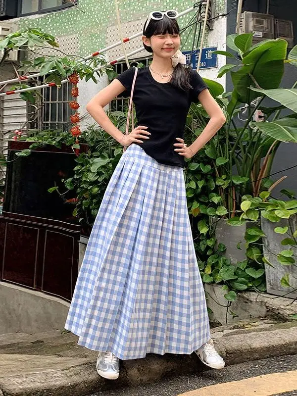 

Новая летняя женская юбка-миди 2025 года: сине-белая клетка, А-силуэт, универсальная, стройнящая, плиссированная, длинная, фасон «зонтик»