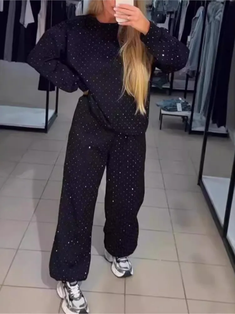 

Fall Winter Rhinestone Shiny Loose Fit Set Women O Neck Sweatshirt Pullover Tie-up Pants Tracksuit Retro Loose Sport 2 Pice Set