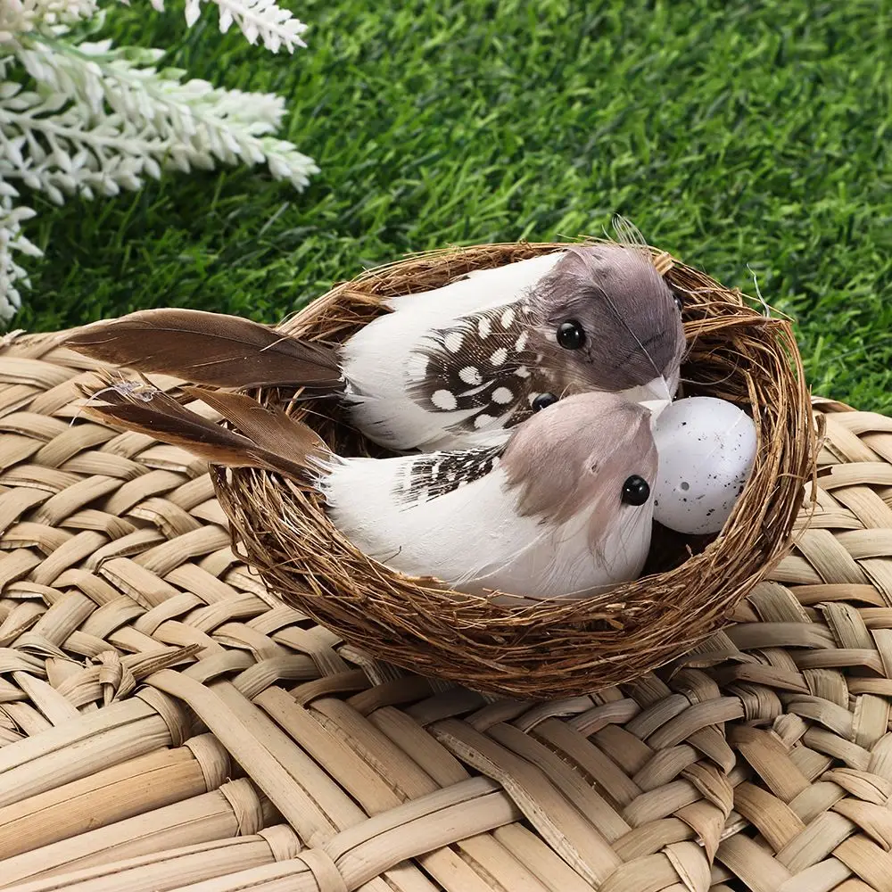 1Set Realistic Feathered Birds With Vine Nest And Birds Egg Artificial Craft Birds Garden Parties Lawn Ornament Home Decoration