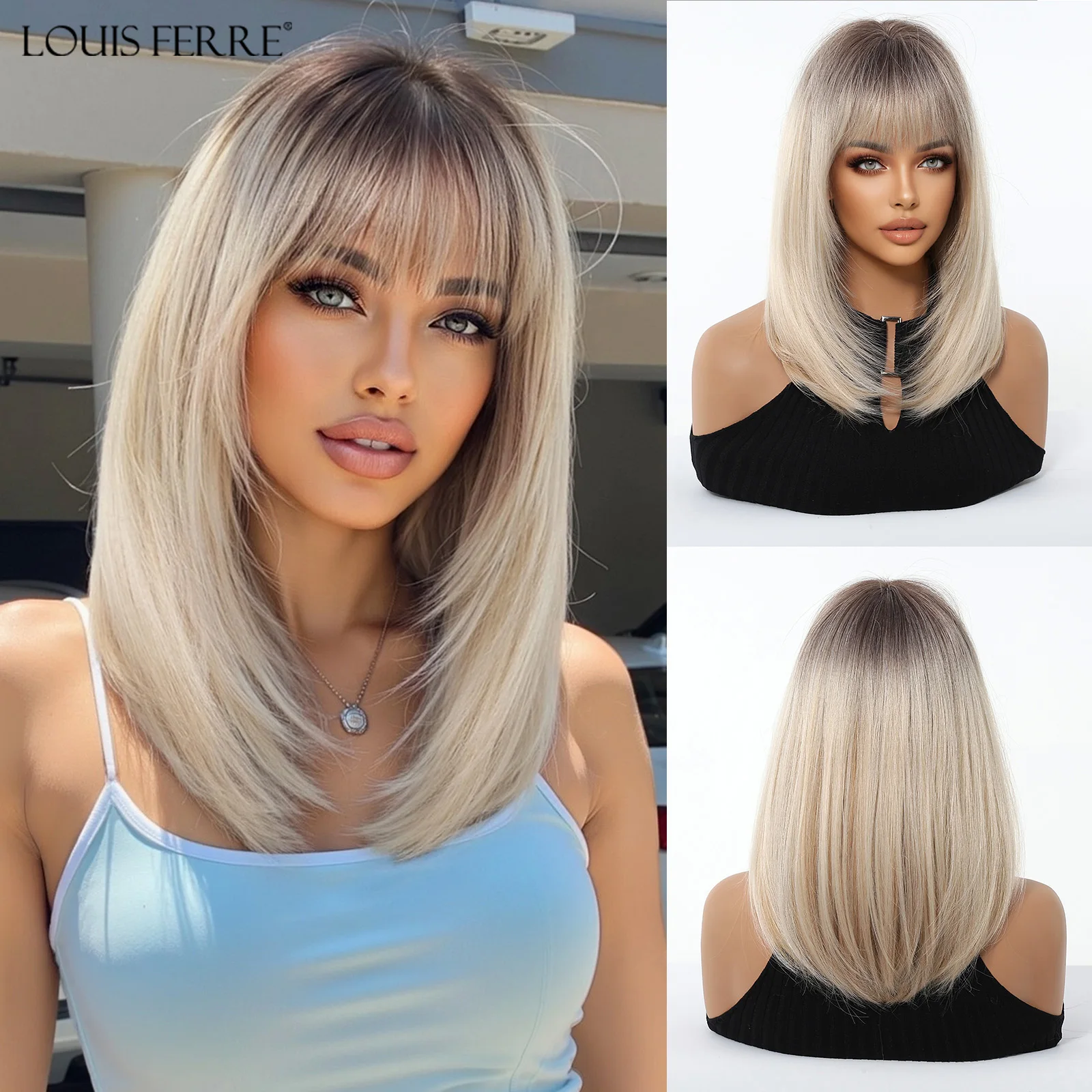 

LOUIS FERRE Коричневые синтетические парики с омбре с челкой для женщин, повседневное использование для вечеринок, короткие прямые многослойные парики, термостойкое волокно