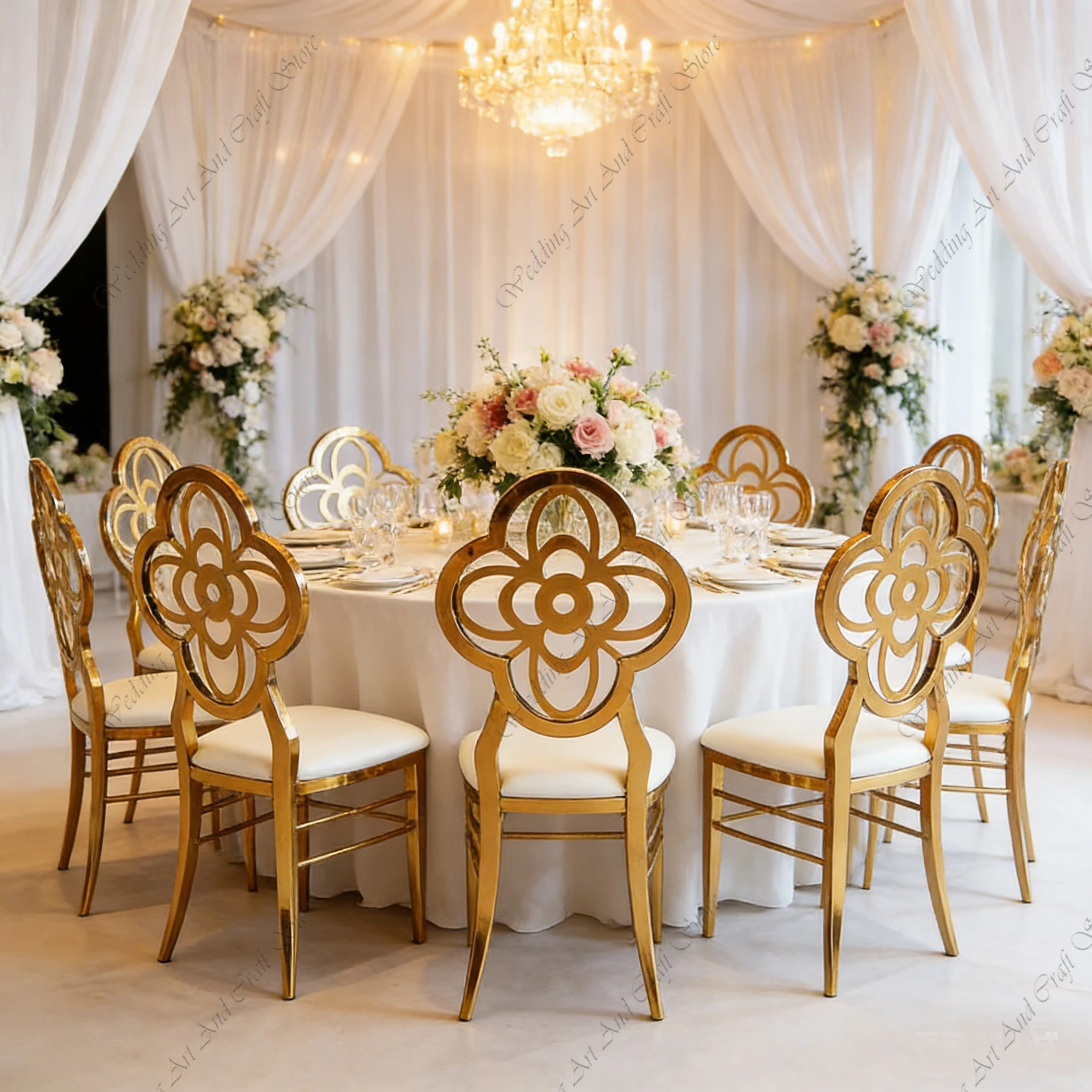 56pcs f30 Gold Stainless Steel Dining Chair European Plum Blossom Backrest PU Leather Hotel Banquet Wedding Chair ivy787