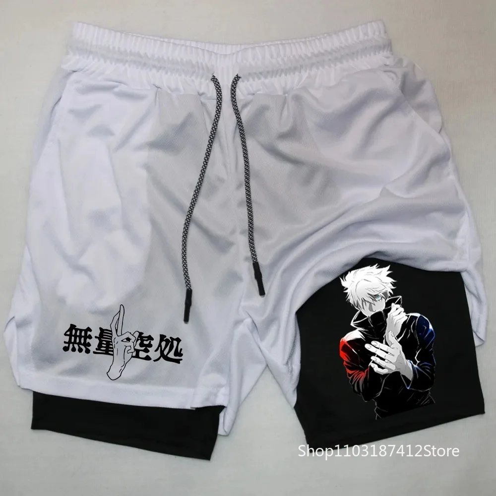 Men Anime Double Layer Shorts Gym Workout Printed Sports Multi-Performance Training Quick-Drying Jogging Pants Towel Pants M-3XL