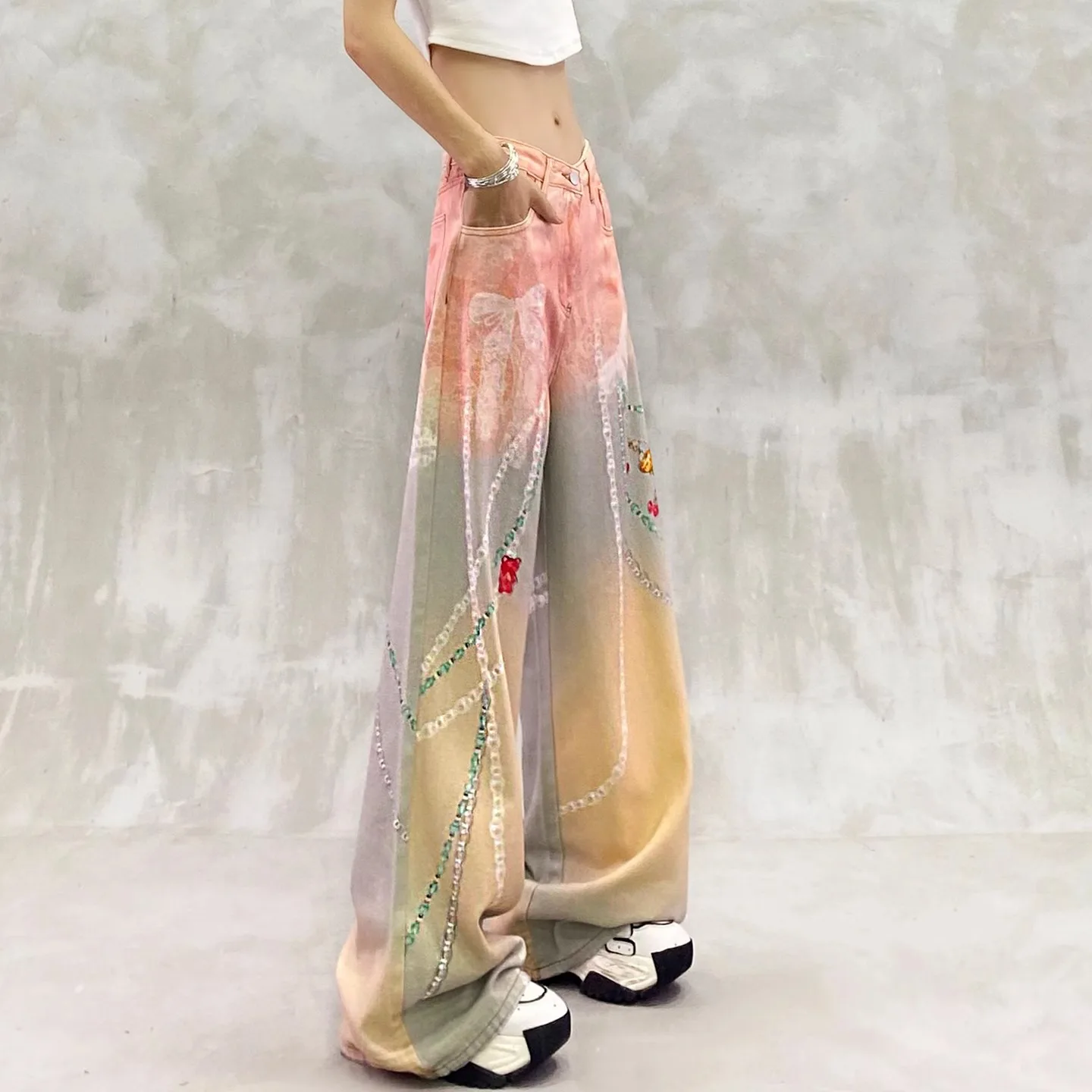 

2026 New Women Digital Printed Washed Denim Pants Summer High Waist Loose Slim Versatile Straight Wide Leg Casual Trousers