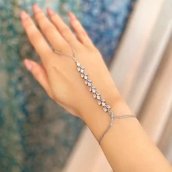 XSBODY Exquisite Design Zircon Finger Bracelet for Women Baroque Gift Elegant Leaves Shape Crystal Hand Chain Adjustable Banquet