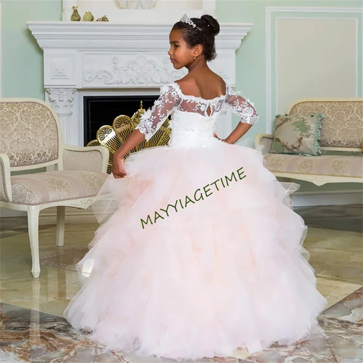 

Lovely Pink Tulle Tiered Half Sleeves Flower Girl Dress For Wedding 2024 Princess Birthday Party For Kids First Communion Gowns