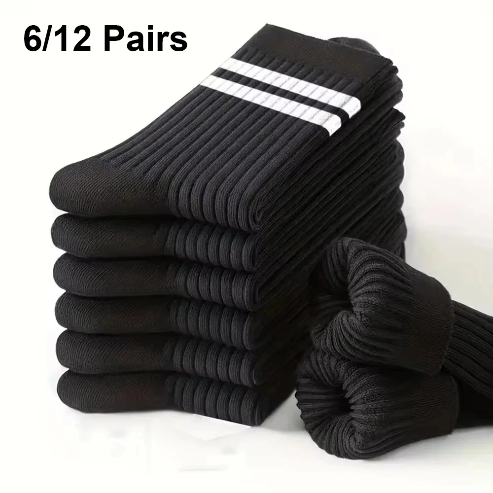 6/12 Pairs Men Socks Spring Autumn Simple Casual Black White Striped Sock Breathable Mid Tube Sock High-quality Round Neck Socks