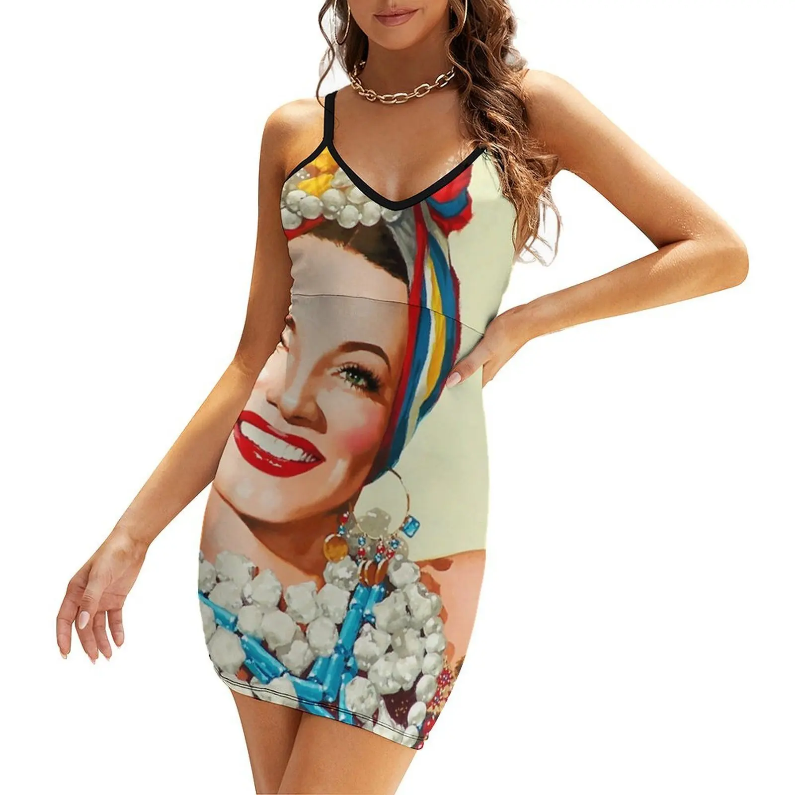 

Painting of Carmen Miranda Sling Dress Dress woman womens clothing chic and elegant evening dress sexy short dresses daring