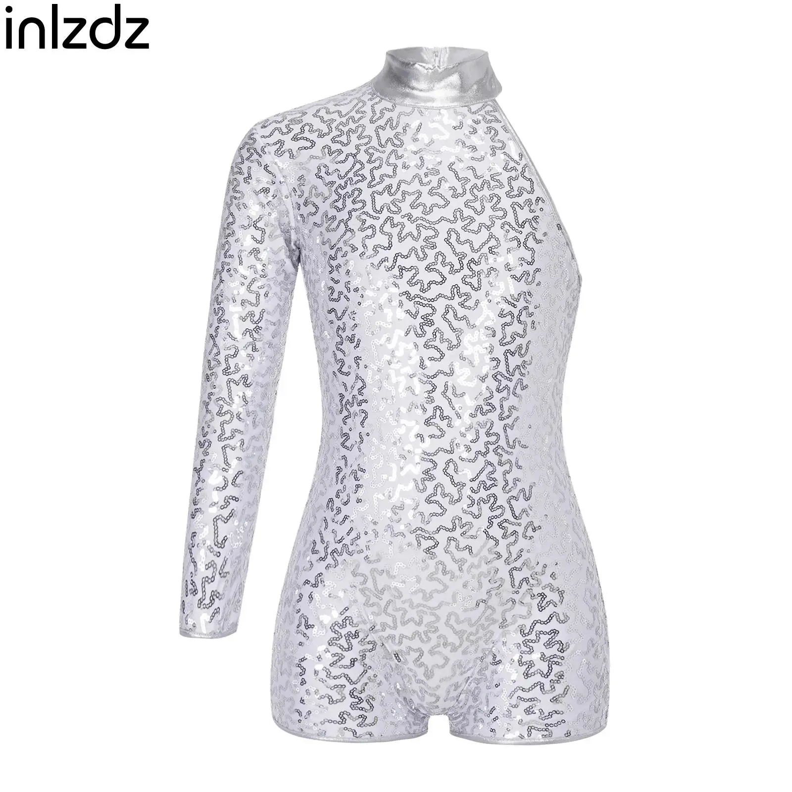 

Kids Girls Jazz Dance Leotards Single Long Sleeve Round Collar Shiny Sequins Invisible Zipper Closure Back Stylish Clothing