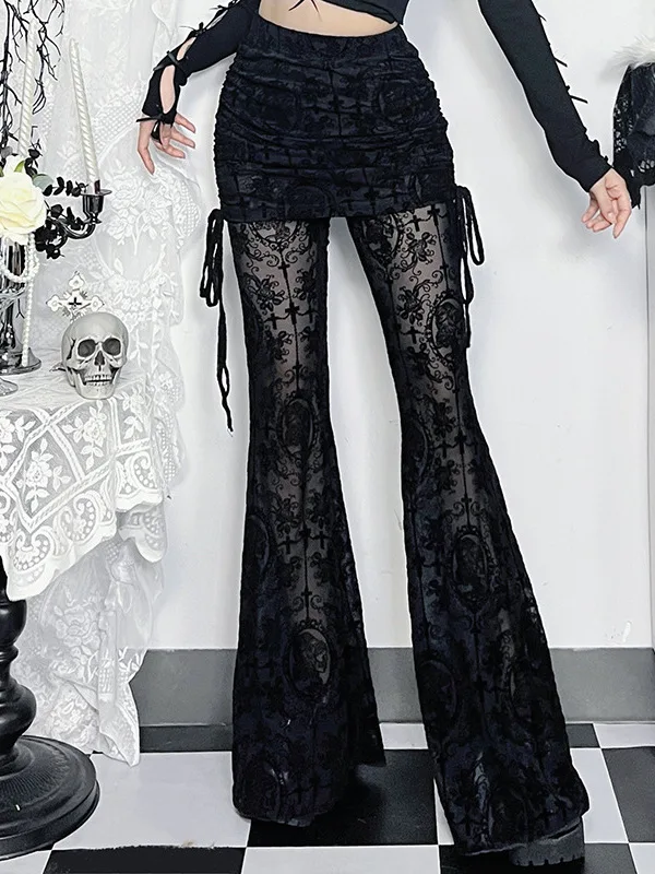 Pantaloni svasati in pizzo Punksle Bla a vita alta Bell Bot Street Sle pantaloni casual a tema loween per donna