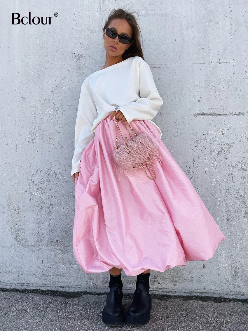 Bclout Elegant Long White Skirts Women 2024 Fashion High Waist Black Loose Party Skirts Autumn Pleated Midi Skirt Female Vintage