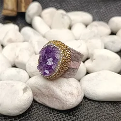 Natural Amethyst Surrounded Rhinestone Leather Ring Ladies Personality European and American Exaggerated Trend Jewelry