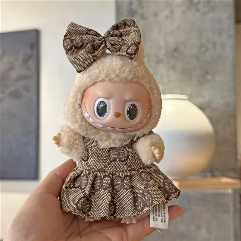 Ropa estampada para muñeca Labubu de 15 y 17cm, conjunto de falda con lazo y sombrero II, accesorios de traje DIY para casa de muñecas, juguetes para sentarse a la moda, regalos para niñas