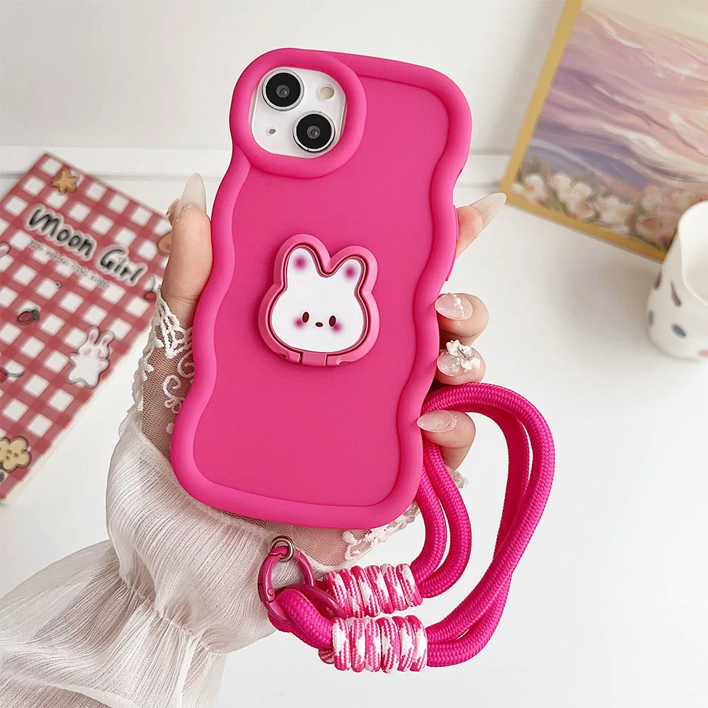 Cute Rabbit Stand+Lanyard Soft Phone Case On Samsung Galaxy M55 M15 F55 F15 F14 C55 M23 5G M32 M22 M12 M11 M04 M14 M13 4G Cover