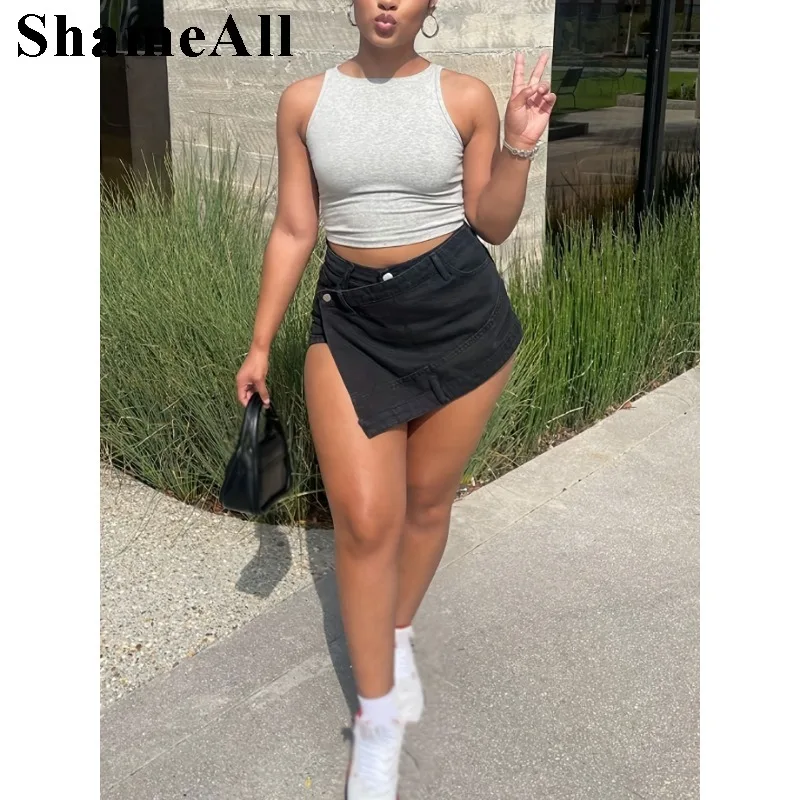 

Summer Irregular Waist Black Denim Shorts Women Casual High Waist Wrap Jeans Skorts