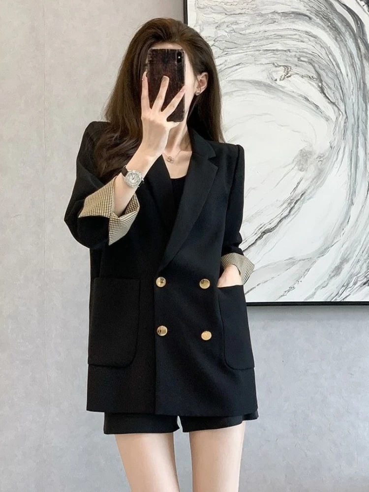 

Женский пиджак премиум-класса, весна-осень, Новое поступление, корейский свободный двубортный пиджак с закрученными манжетами, модный пиджак в стиле ретро HK Vibe