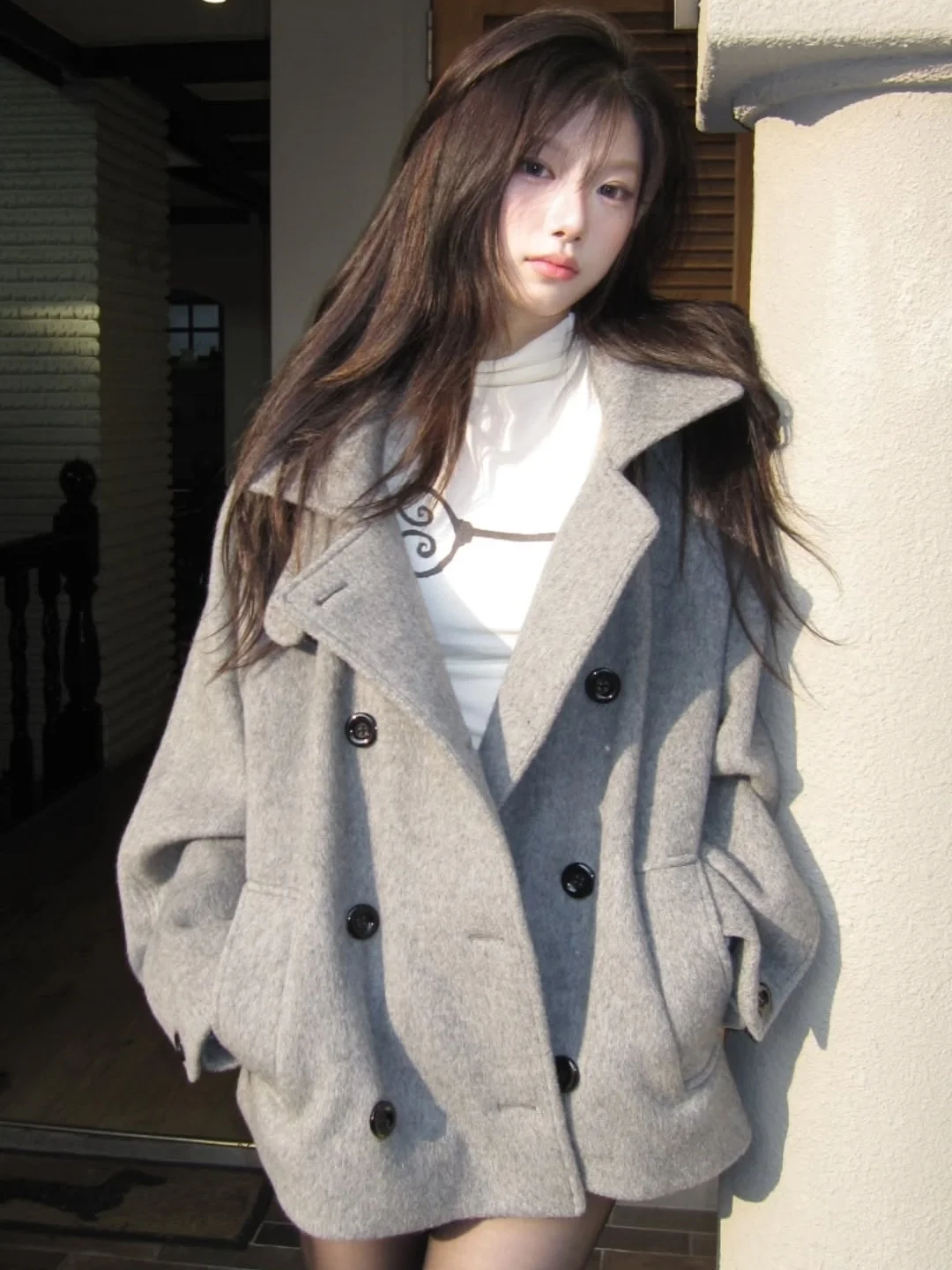 

Korean Sle Women's Woolen Coat Winter New Loose Double Button Warmth Hatl Long Sve ort Length Faion Outerwear