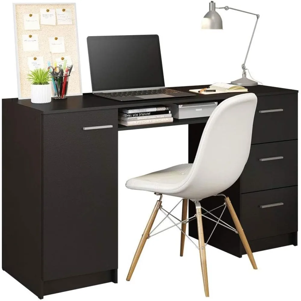 Computer Desk with 3 Drawers, 1 Door and 1 Storage Shelf, Wood Writing Home Office Workstation, Office Desk with Drawers