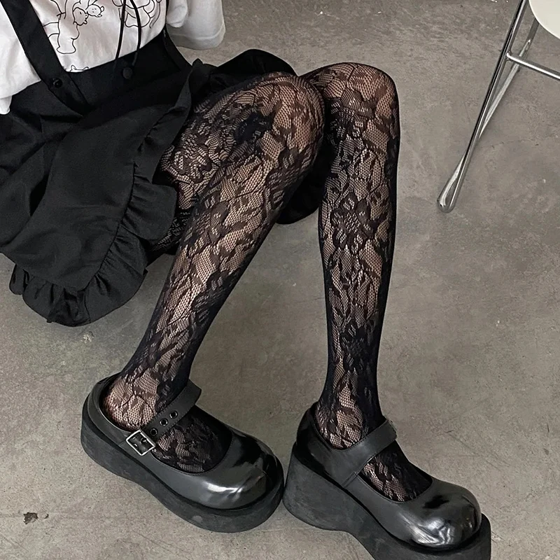 Lolita koronkowe pończochy kabaretki damskie japońskie seksowne rajstopy Retro Punk Mesh wyroby pończosznicze kabaretki bielizna Hollow rajstopy imprezowe
