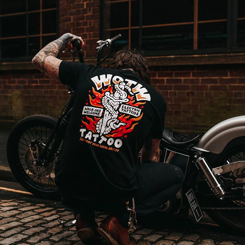 الشارع الأمريكي الرجعية الصيف الخريف والشتاء دراجة نارية القطن الخالص قصيرة الأكمام تي شيرت الرجال والنساء اللصوص قصيرة الأكمام