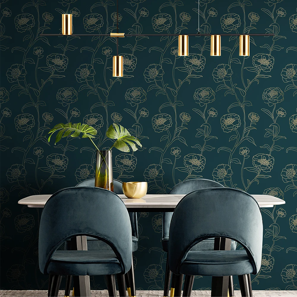 

Gold Line Floral Peel And Stick Wallpaper Dark Blue Self Adhesive Waterproof Wallpaper Removable Bathroom Kitchen Contact Paper