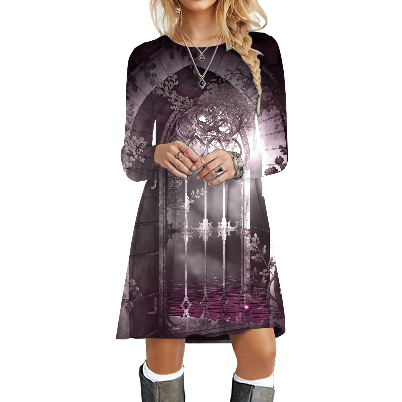 Fashion Gothic Style Dark Terror Dress Women Clothing Halloween Party Long Sleeve Loose Dress Casual Vintage Print Pattern Dress