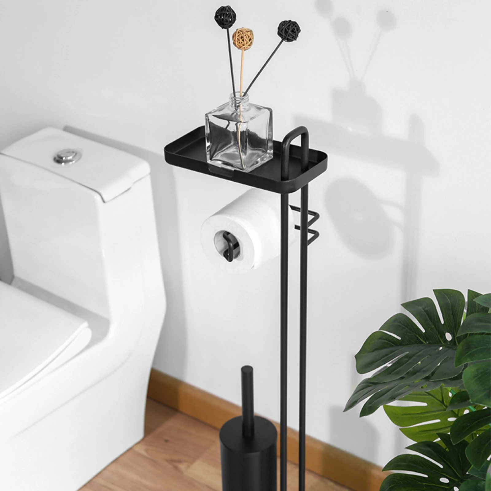 

Bathroom Tissue Stand with Brush Holder No Drill Toilet Brush Holder Rack Freestanding Tissue Rack Stable Base