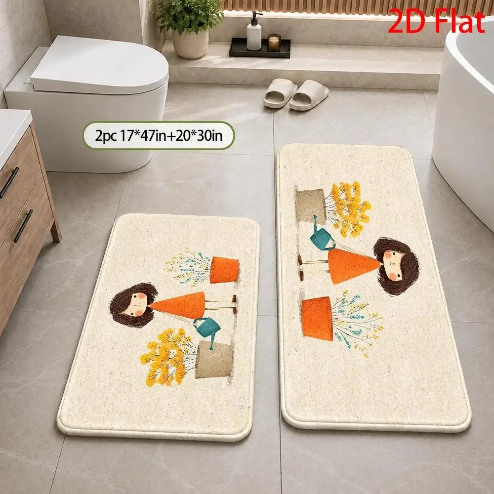 1pc, 2pcs, 3pcs, 2D Flat, Floral Watering Can Bathroom Mat, Comfortable Indoor Area Rug Set, Perfect for Bathrooms, Laundry Rooms, Entryways, And Hallways, Ideal Gift for Home Decor Enthusiasts, Durable