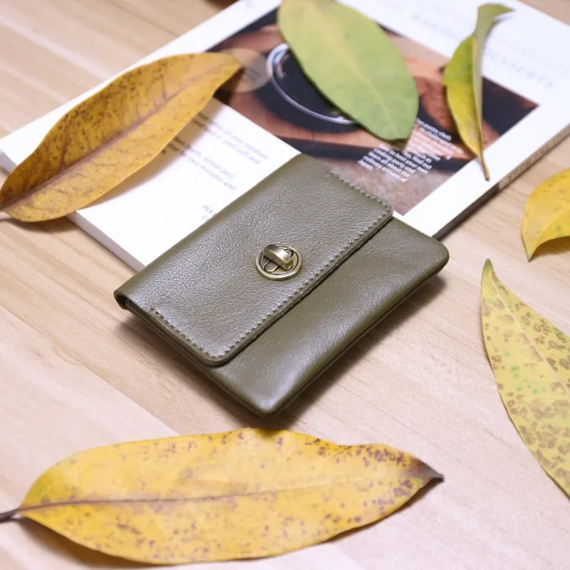 Vintage Top Layer Leather Twist Lock Coin Purse for Women Solid Color Thin Genuine Leather Mini Wallet Card Holder for Daily