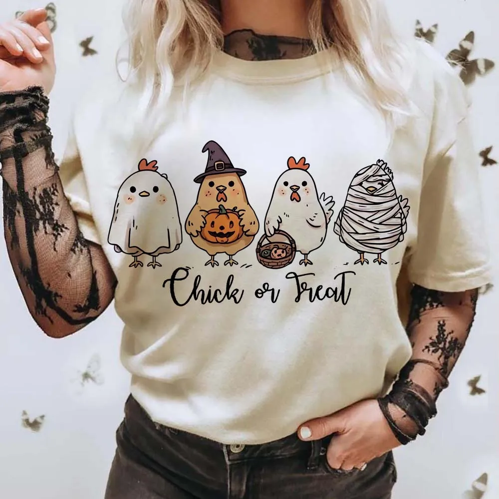 

Printed Cute Round Neck Cartoon Women's Halloween Pattern Style White T-Shirt Autumn Street Versatile Casual Thanksgiving T-Shir