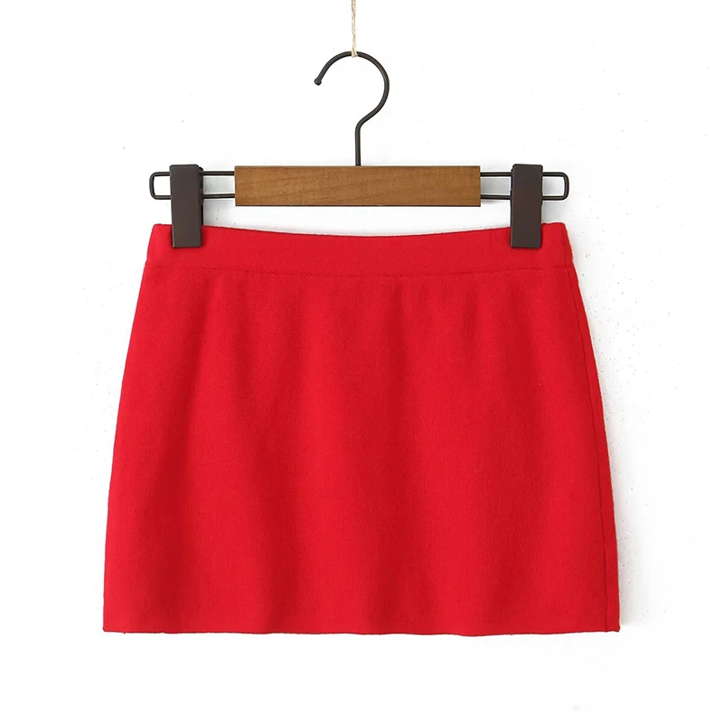 Autumn Women Sexy Package Hip Knit Mini Skirts American Retro Low Waist Red Skirt Black White Jupe