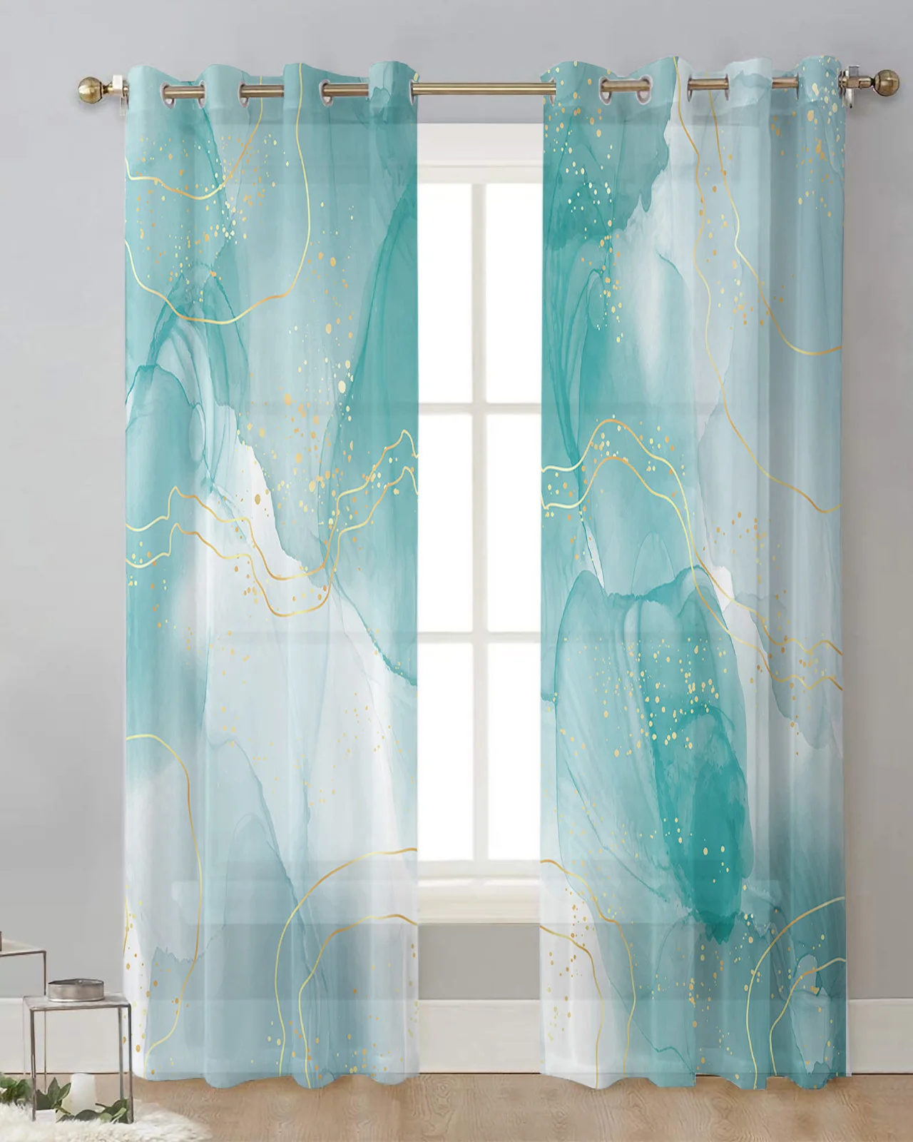 Marble Line Gold Gradient Overlap Green  Modern Tulle Curtains Living Room Voile Sheer Window Curtains Bedroom Accessories