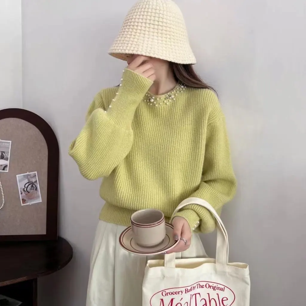 

Women's Korean Style round Neck Pullover Sweater Heavy Beaded Solid Color Loose Thickened Base for Autumn Winter