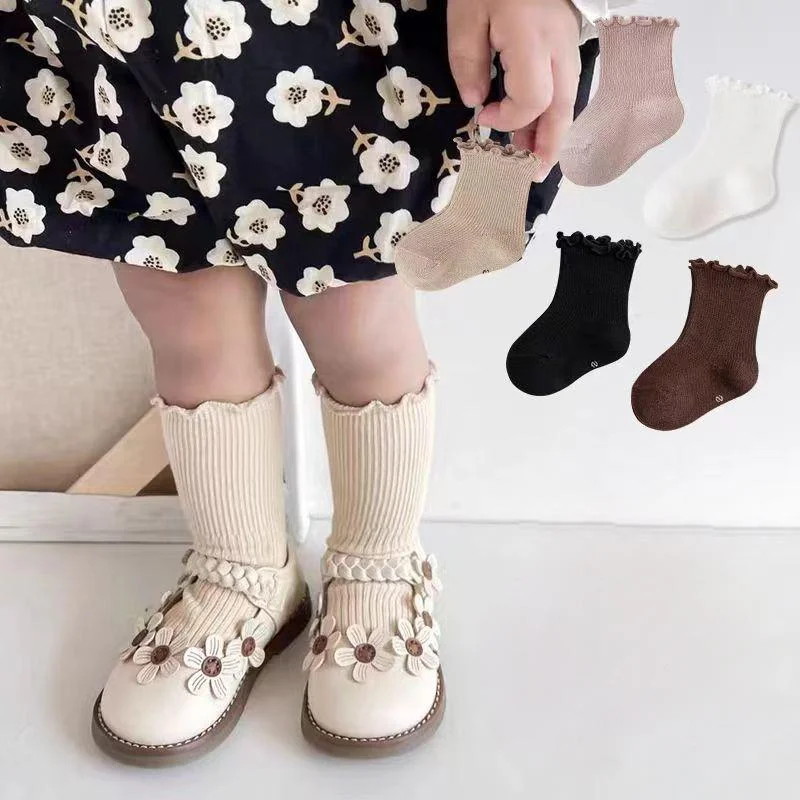 Baby socks, autumn and winter mid length socks, baby plush loop cotton socks, thickened girls, wooden ear edge princess socks, c