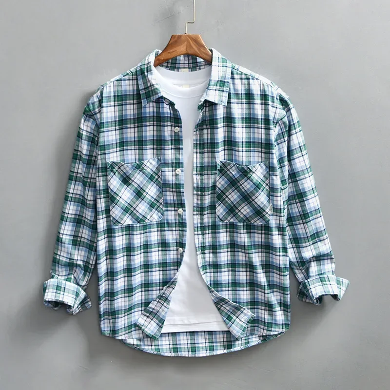 

Vintage Plaid Shirts Man Long Sleeve Harajuku Shirt Men Daily Casual Lapel Pure Cotton Loose Shirts Youth Tops Comfort Clothing