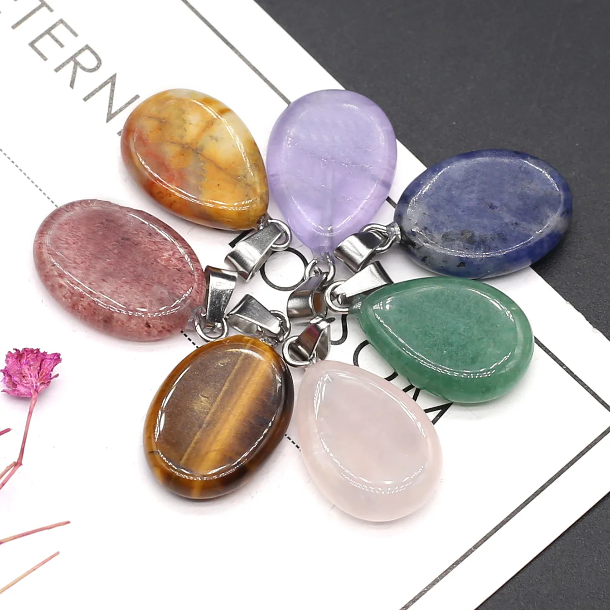 New Fashion Natural Stone Crystal Pendant Elliptical Pink Quartz Amethyst Lapis Lazuli Charms for DIY Necklace Making Jewelry