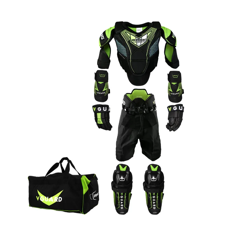 Youth Ice Hockey Protective Gear Set-Includes Shoulder Elbow Shin Pads Gloves Pants & Bag Black Green EVA+PE Material
